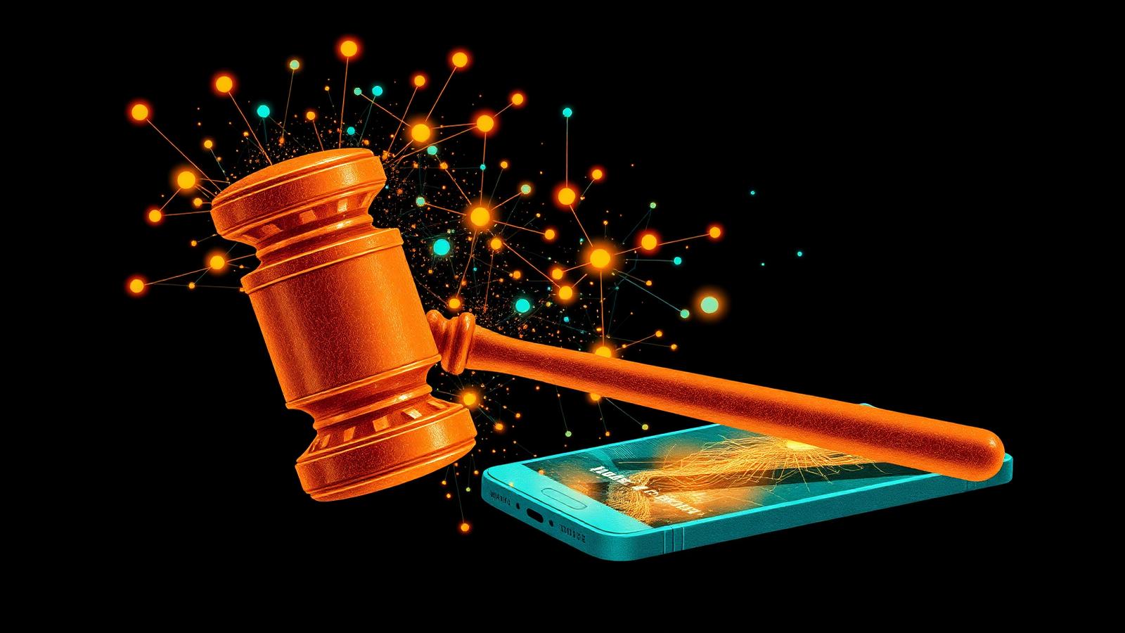 Gavel dissolving into a network of data nodes above a cracked phone screen